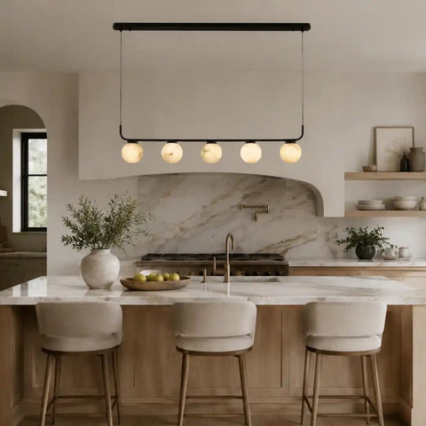 Alabaster Globe Linear Pendant Light – 5-Light Kitchen Island Chandelier with Black Metal Frame by Franing - Chandelier .SHOP ALL .Alabaster，Island counter/dining room