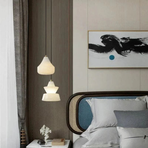 Alabaster Hat Pendant Light Over Nightstand by Franing - SHOP ALL,pendant,Alabaster