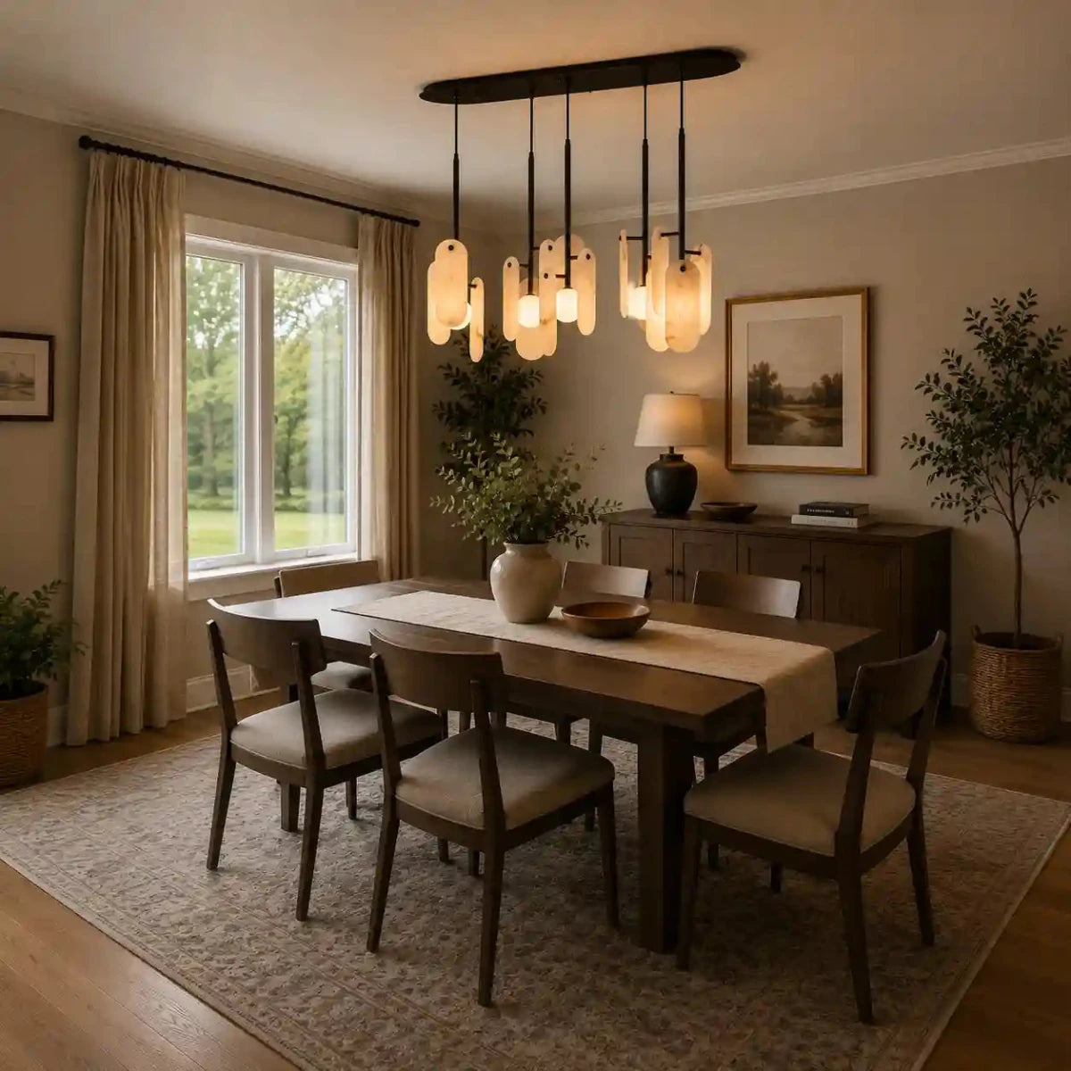Alabaster Linear Chandelier for Kitchen Island & Dining Room – 5-Light Modern Pendant Light by Franing - Chandelier .SHOP ALL .Alabaster，Island counter/dining room