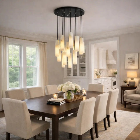 Alabaster Modern Cylindrical Round Chandelier by Franing - SHOP ALL,CEILING,Alabaster