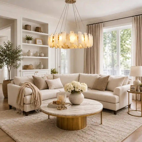 Alabaster Round Chandelier – Modern Statement Light for Living Room & Dining Room by Franing - Chandelier .SHOP ALL .Alabaster