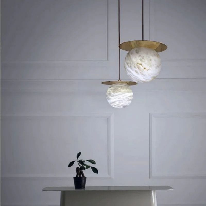 Alabaster Sphere Pendant Light Above Bed by Franing - SHOP ALL,pendant,Alabaster
