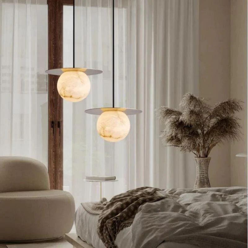Alabaster Sphere Pendant Light Above Bed by Franing - SHOP ALL,pendant,Alabaster