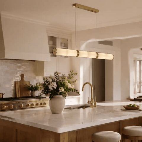 Aria Alabaster Cylindrical Chandelier – Modern Luxury Stone Pendant Light for Kitchen Island & Foyer by Franing - Chandelier .SHOP ALL .Alabaster，Island counter/dining room