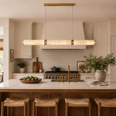 Aria Alabaster Cylindrical Chandelier – Modern Luxury Stone Pendant Light for Kitchen Island & Foyer by Franing - Chandelier .SHOP ALL .Alabaster，Island counter/dining room