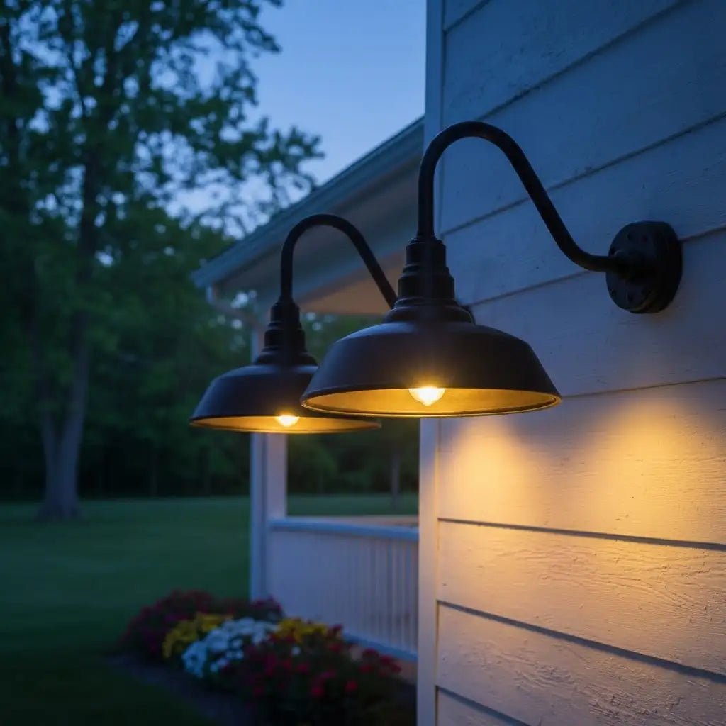 Two matte black barn lights on a white farmhouse porch, warm glow lighting at dusk.