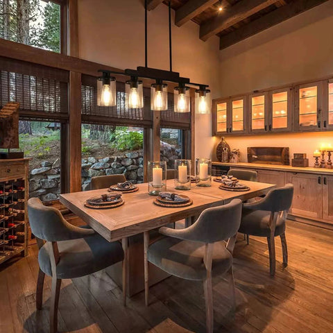 Farmhouse Industrial 5 - Light Kitchen Island Pendant Light, Metal Wood Chandelier with Clear Glass Shades by Franing - SHOP ALL，Farmhouse，Chandelier，glass chandelier，Island counter/dining room