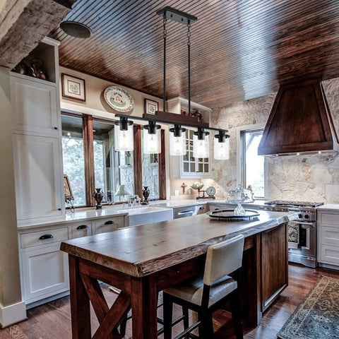 Farmhouse Industrial 5 - Light Kitchen Island Pendant Light, Metal Wood Chandelier with Clear Glass Shades by Franing - SHOP ALL，Farmhouse，Chandelier，glass chandelier，Island counter/dining room