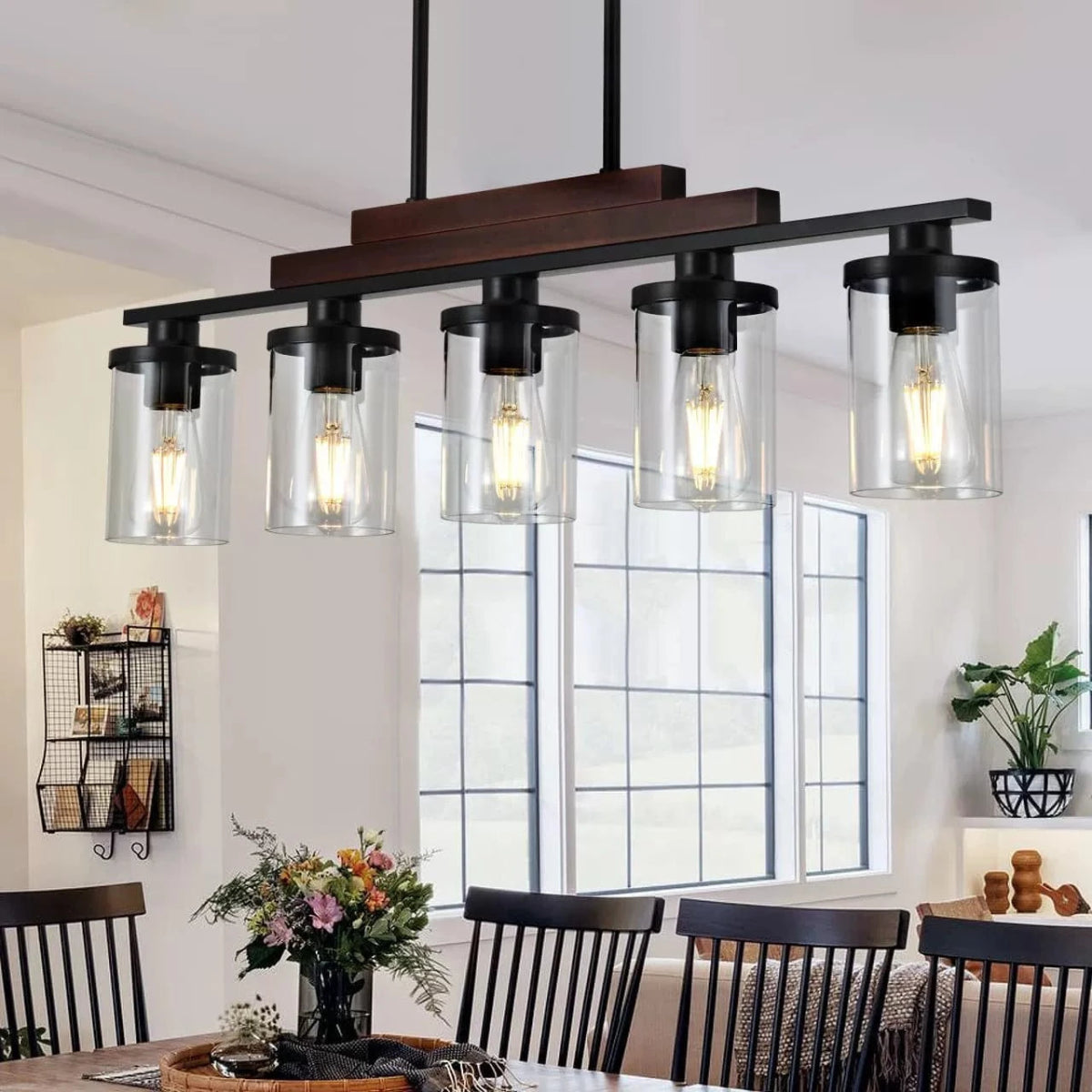 Farmhouse Industrial 5 - Light Kitchen Island Pendant Light, Metal Wood Chandelier with Clear Glass Shades by Franing - SHOP ALL，Farmhouse，Chandelier，glass chandelier，Island counter/dining room