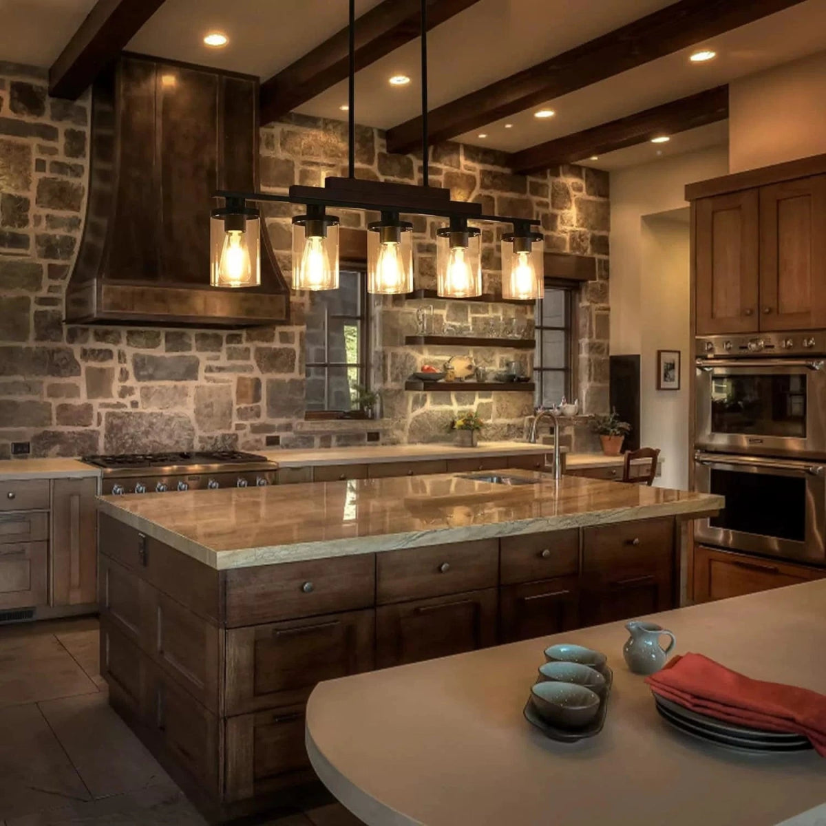 Farmhouse Industrial 5 - Light Kitchen Island Pendant Light, Metal Wood Chandelier with Clear Glass Shades by Franing - SHOP ALL，Farmhouse，Chandelier，glass chandelier，Island counter/dining room