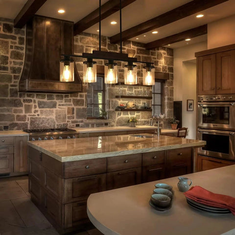 Farmhouse Industrial 5 - Light Kitchen Island Pendant Light, Metal Wood Chandelier with Clear Glass Shades by Franing - SHOP ALL，Farmhouse，Chandelier，glass chandelier，Island counter/dining room