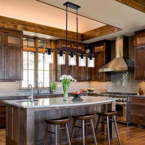 Farmhouse Industrial 5 - Light Kitchen Island Pendant Light, Metal Wood Chandelier with Clear Glass Shades by Franing - SHOP ALL，Farmhouse，Chandelier，glass chandelier，Island counter/dining room