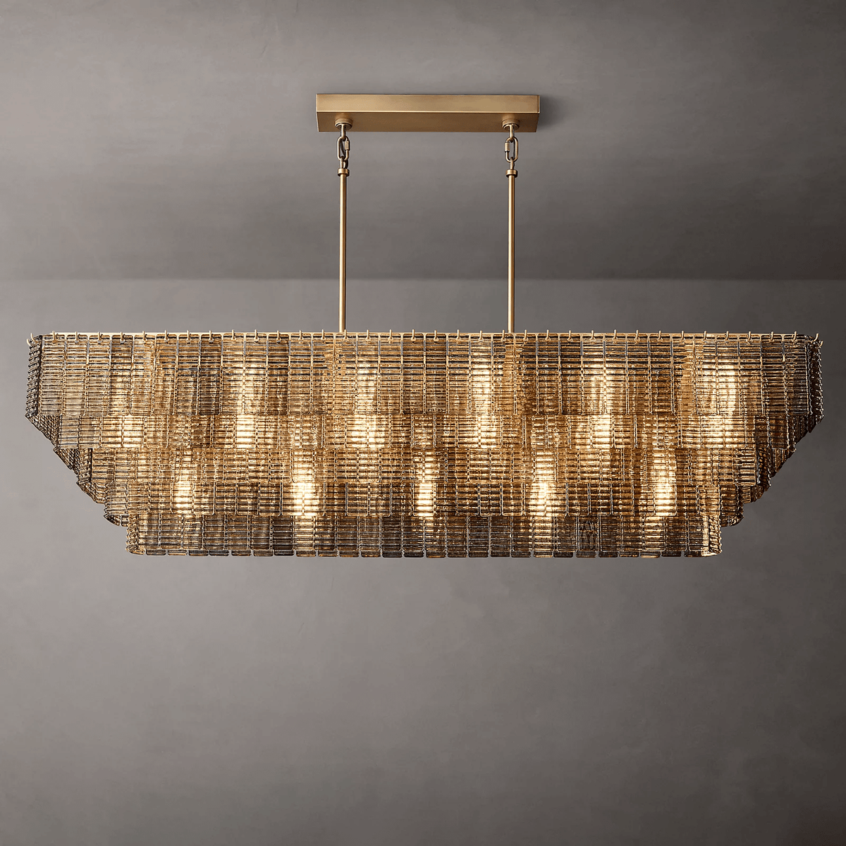 Franing Chandelier,SHOP ALL,glass chandelier Lacquered Burnished Brass / Smoke Siren Glass Rectangular Chandelier 77"