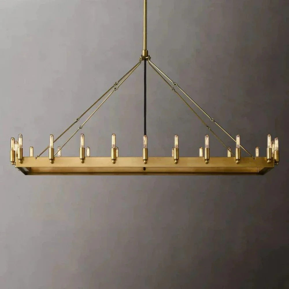 Franing Chandelier,SHOP ALL,metal chandelier,Farmhouse 52"W / Lacquered Burnished Brass Caminy Vintage Filament Rectangular Chandelier