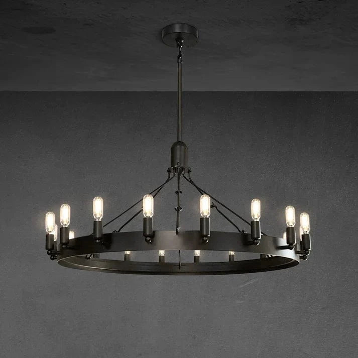 Franing Chandelier,SHOP ALL,metal chandelier,Farmhouse Matte Black Caminy Vintage Filament Round Chandelier 26"