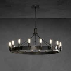 Franing Chandelier,SHOP ALL,metal chandelier,Farmhouse Matte Black Caminy Vintage Filament Round Chandelier 26"