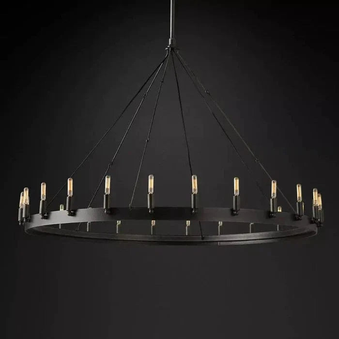 Franing Chandelier,SHOP ALL,metal chandelier,Farmhouse Matte Black Caminy Vintage Filament Round Chandelier 50"