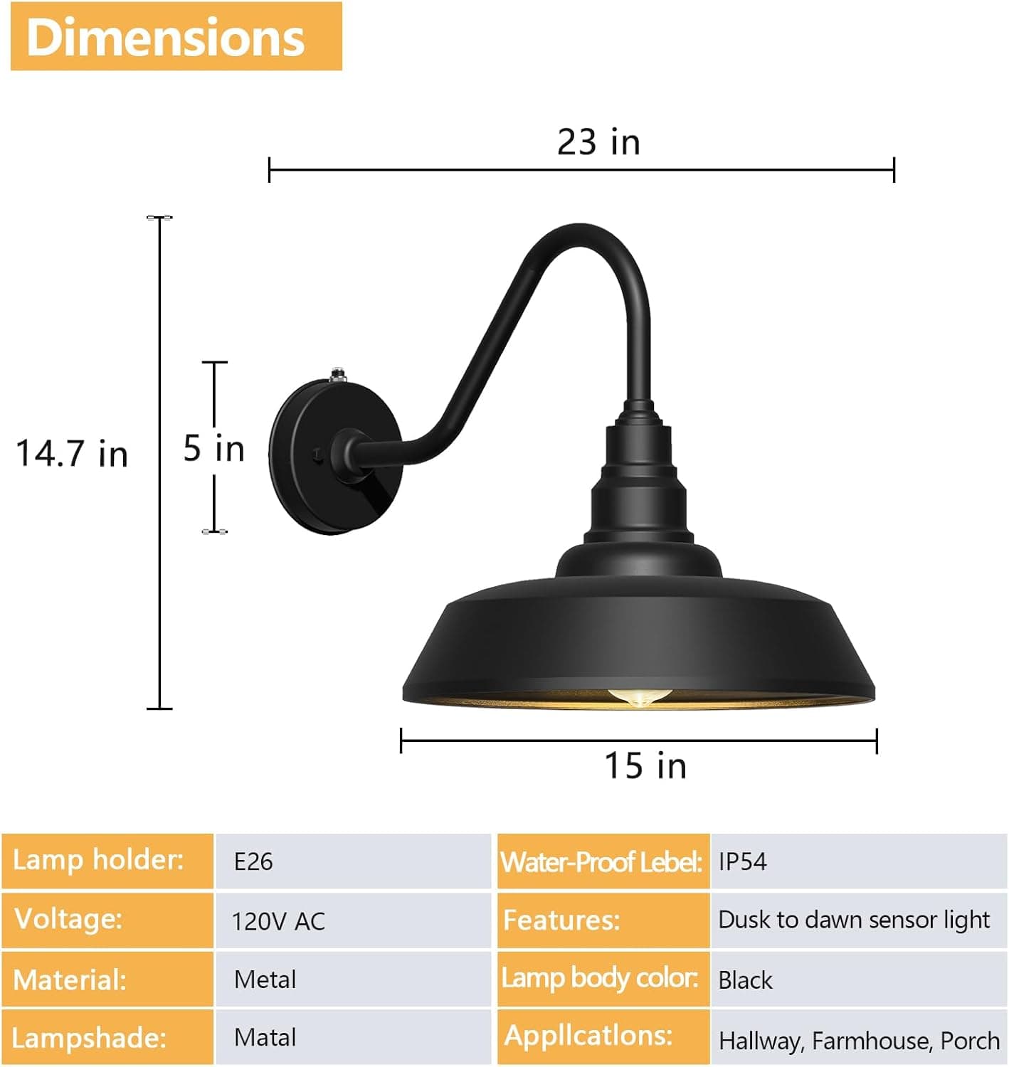 Franing SHOP ALL,WALL,BARN，Metal wall light Dusk to Dawn Barn Light Large Size,Outdoor Waterproof Gooseneck Barn Light