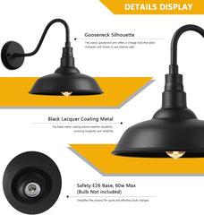 Outdoor Barn Gooseneck Light, Black Farmhouse Industrial Wall Mount Fixture for Porch, Garage, Patio,2-Pack