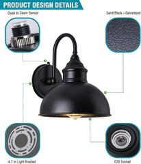 Outdoor Farmhouse Gooseneck Barn Light, Matte Black Dusk to Dawn Waterproof Wall Fixture