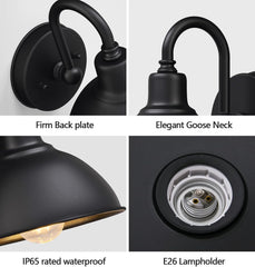 Outdoor Farmhouse Gooseneck Barn Light, Matte Black Dusk to Dawn Waterproof Wall Fixture