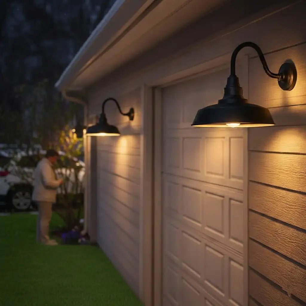 Two large matte black gooseneck barn lights installed above a white garage door, showing warm dusk to dawn lighting.