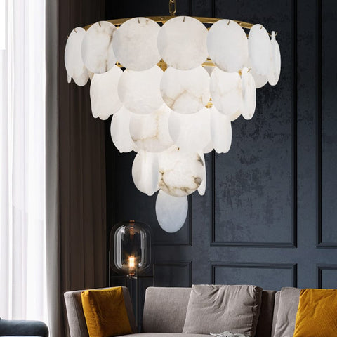 Round Chandelier with Exquisite Alabaster Disks by Franing - Chandelier .SHOP ALL .Alabaster