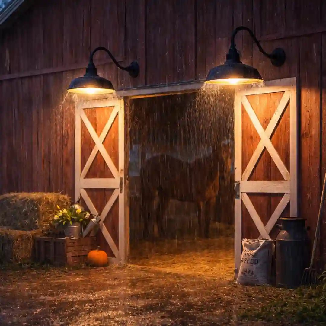 Two waterproof black gooseneck barn lights lighting up a rustic red barn door in the rain.