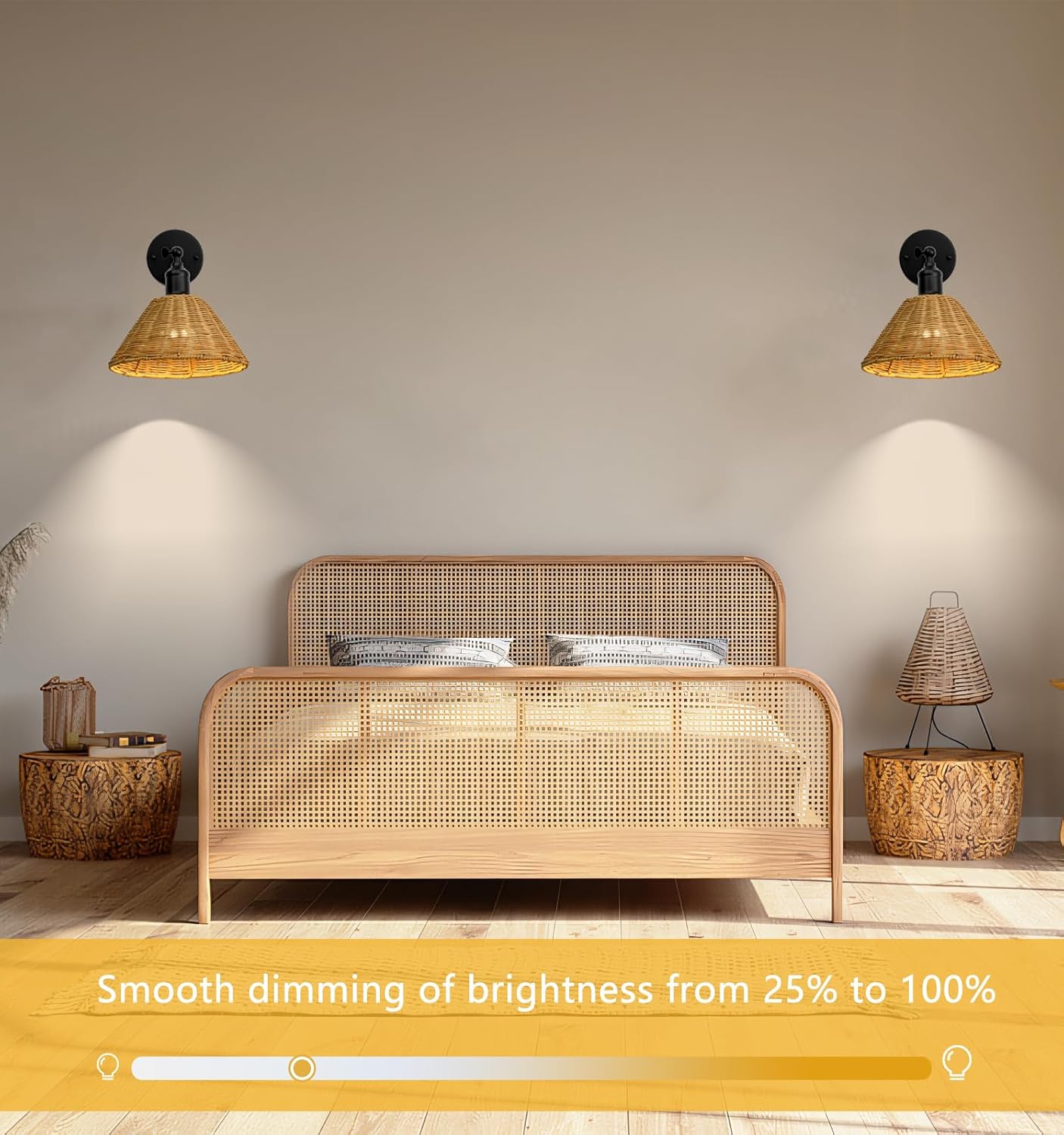 Wireless Battery Wall Sconce, Gold Rattan Bohemian Dimmable Light with Remote Control, Indoor Wall Lamp for Bedroom & Living Room (2 Pack) by Franing - SHOP ALL,WALL，Metal wall light,Battery