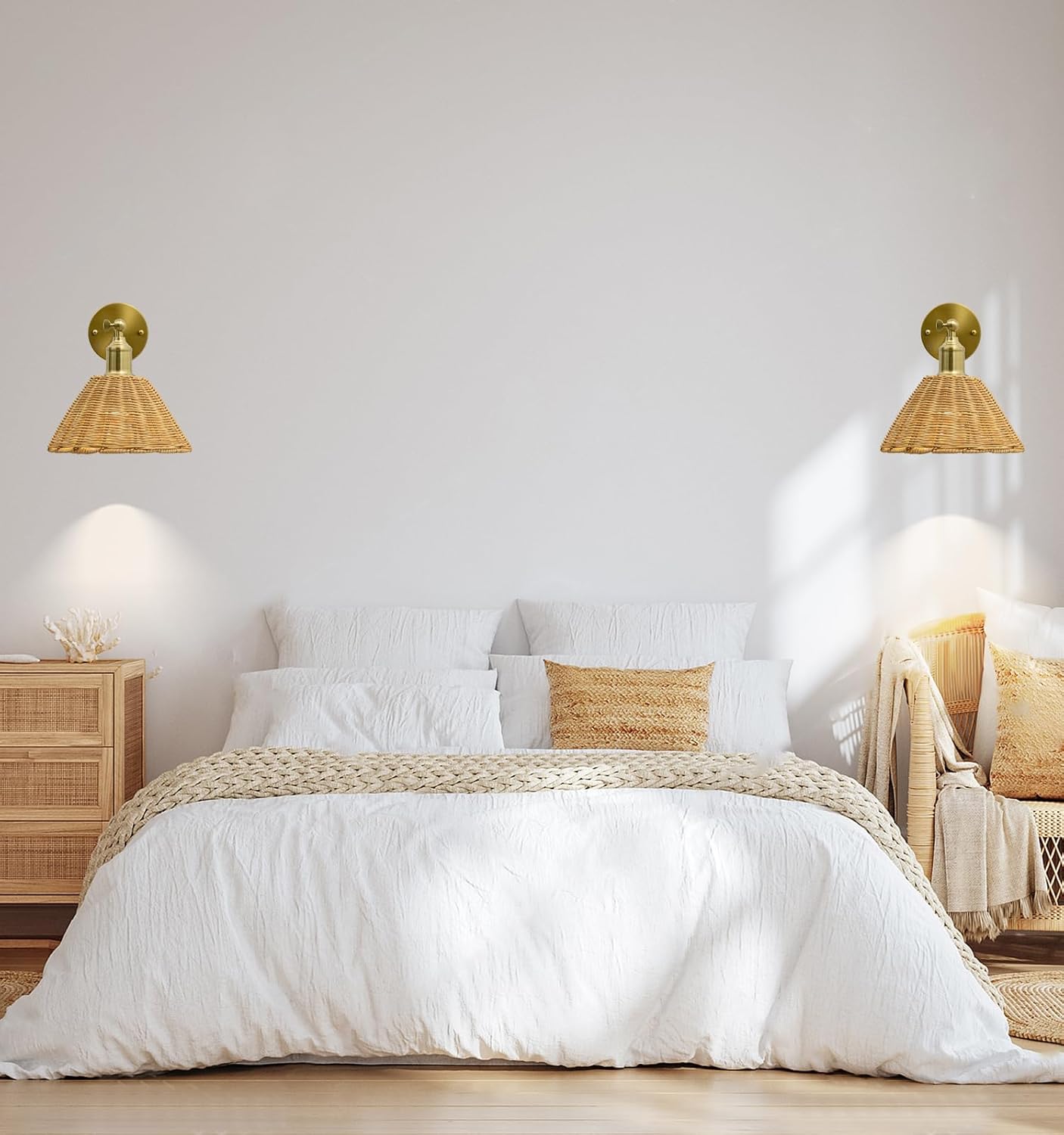 Wireless Battery Wall Sconce, Gold Rattan Bohemian Dimmable Light with Remote Control, Indoor Wall Lamp for Bedroom & Living Room (2 Pack) by Franing - SHOP ALL,WALL，Metal wall light,Battery