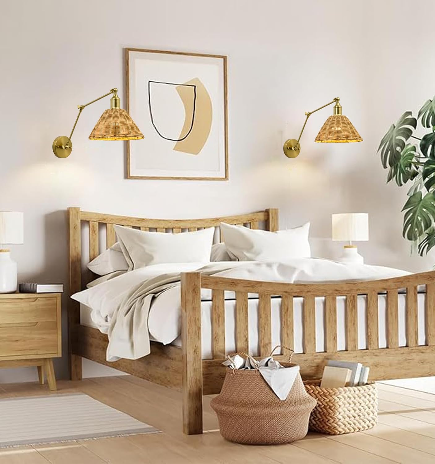 Wireless Battery Wall Sconce, Gold Rattan Bohemian Dimmable Light with Remote Control, Indoor Wall Lamp for Bedroom & Living Room (2 Pack) by Franing - SHOP ALL,WALL，Metal wall light,Battery